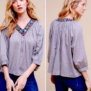 Anthropologie Eri + Ali Boho Embroidered V-Neck Flowy Top Small